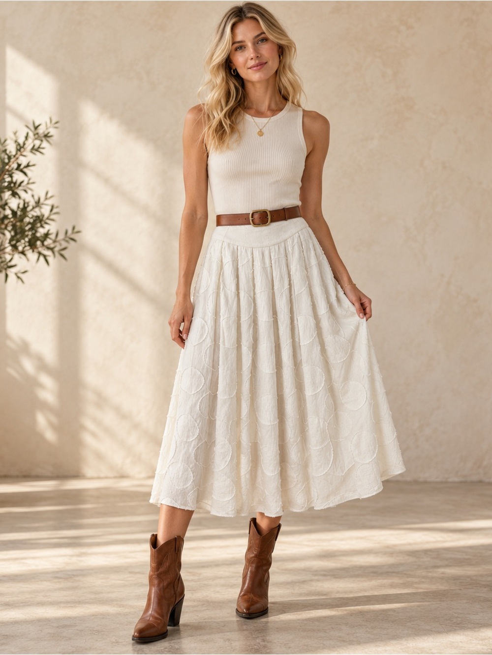 Alice + Olivia Cream Textured Circle Midi Skirt